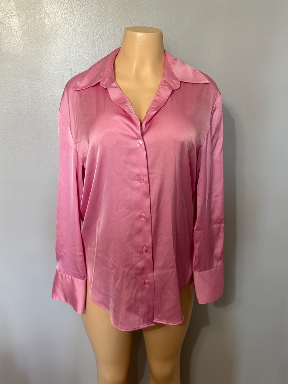 Pink Satin Button-Down Blouse